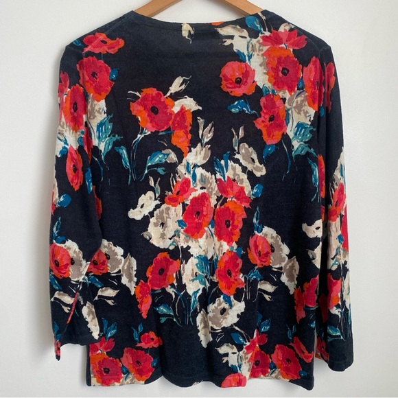 GARNETT HILL Printed Merino Wool Cardigan Floral Poppy Print Size XL - Picture 2 of 9